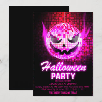 Convite Abóbora Neon Rosa Bola de Discoteca Halloween