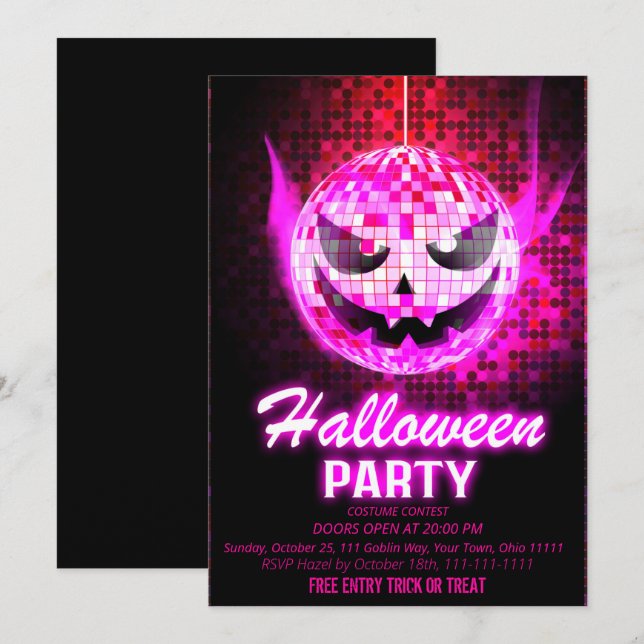 Convite Abóbora Neon Rosa Bola de Discoteca Halloween (Frente/Verso)