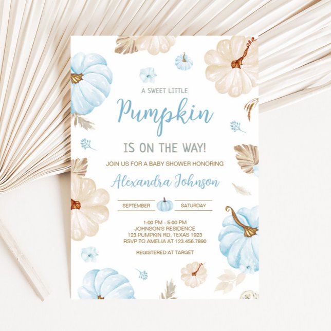 Convite Abóbora Pequena Doce Azul Outono Chá de Bebê (Boy Sweet Little Pumpkin Fall Baby Shower Invitation)