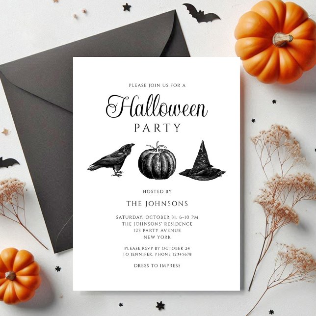 Convite Abóbora Preta Elegante Gótica de Halloween (Elegant Gothic Black Pumpkin Halloween Invitation)