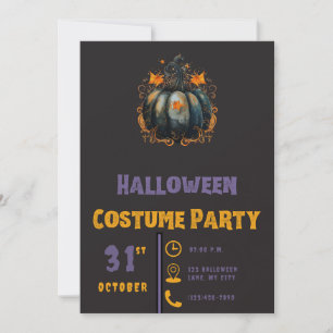 Convite Abóbora Preta Folhas Douradas Halloween Preto Mode
