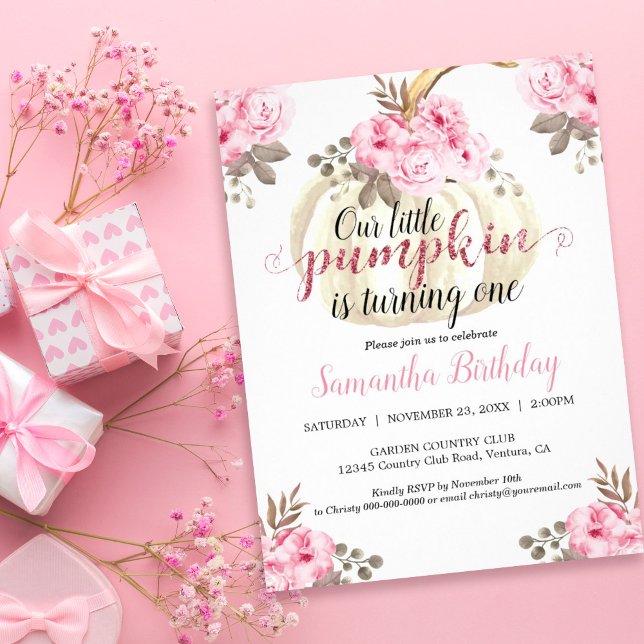 Convite Abóbora Que Torna Uma Aquarela Floral (Our little pumpkin is turning one so celebrate with this fall-inspired floral baby shower invitation)