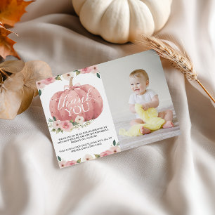 Convite Abóbora Rosa Aniversário de 1 ano Foto Obrigada