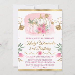 Convite Abóbora Rosa Aquarela Glitter Dourado Aniversário