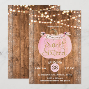 Convite Abóbora Rosa Outono Rústico Madeira Luzes Doce 16