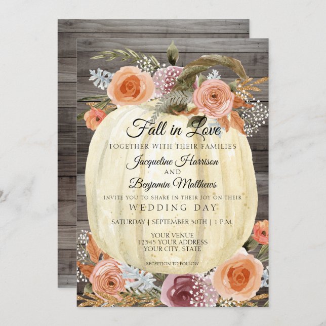 Convite Abóbora Rústica Aquarela Floral Laranja Ameixa Dou (Frente/Verso)