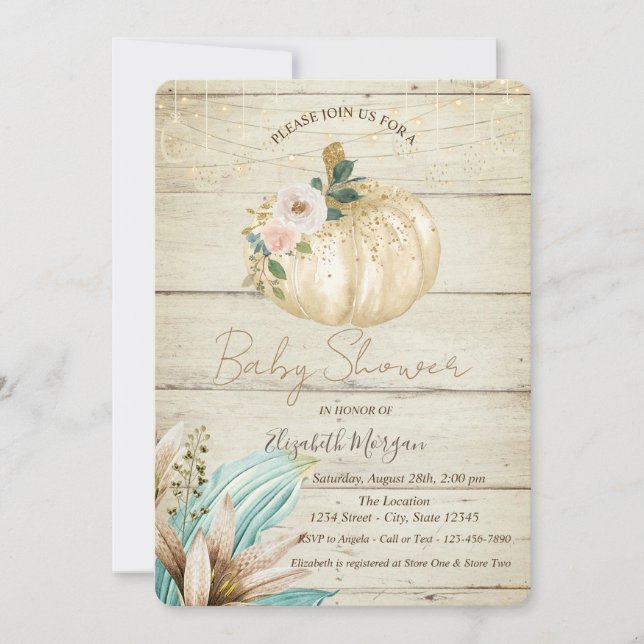 Convite Abóbora, Textura de Madeira, Flores Boho Chá de Be (Frente)