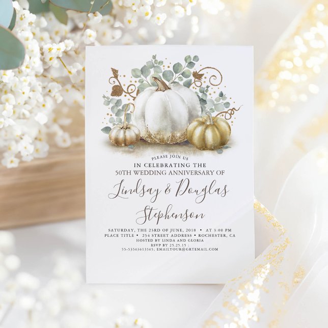 Convite Abóboras Brancas e Douradas Outono Casamento Anive (Greenery and Gold Pumpkins Fall Wedding Anniversary Invitations)