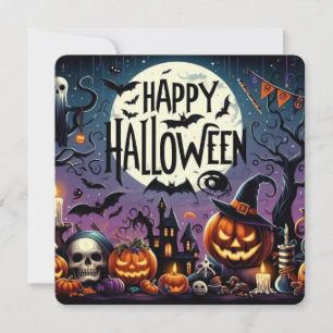 Convite Abóboras da Noite de Halloween, Caveiras e Casa As