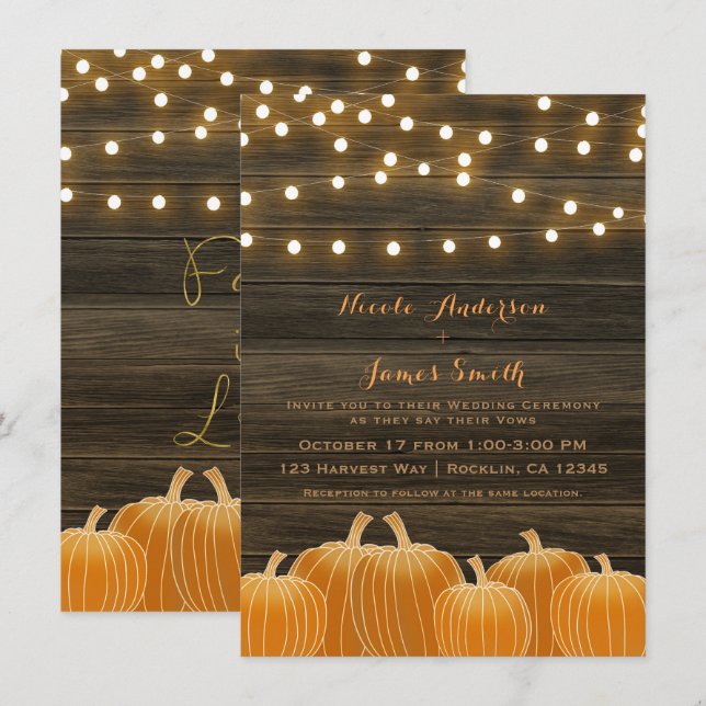 Convite Abóboras de Luzes Apaixonadas Casamento Rústico (Frente/Verso)
