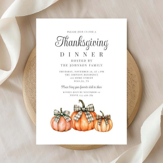 Convite Abóboras de Thanksgiving com Laço Elegante (Elegant Bow Pumpkins Thanksgiving Invitation)