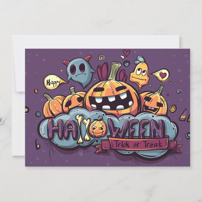 Convite Abóboras e Fantasmas de Halloween Doce ou Travessu (Frente)
