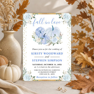 Convite Abóboras Florais Azul Pastel e Dourado Casamento d