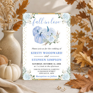 Convite Abóboras Florais Azul Pastel e Dourado Casamento d