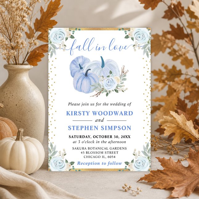 Convite Abóboras Florais Azul Pastel e Dourado Casamento d (Criador carregado)