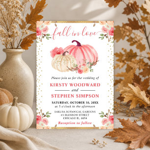 Convite Abóboras Florais Rosa e Branco Casamento de Outono