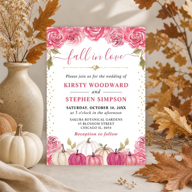 Convite Abóboras Florais Rosa e Branco Casamento de Outono (Criador carregado)