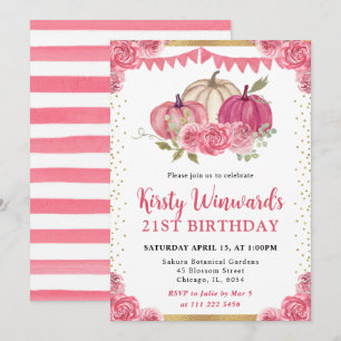 Convite Abóboras Florais Rosa e Branco Outono Aniversário 