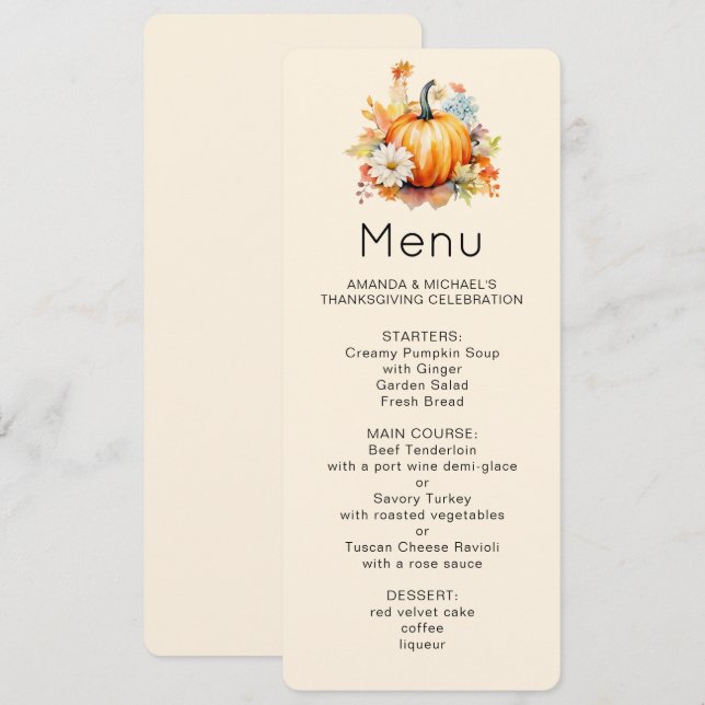 Convite Abóboras Laranjas e Flores Menu de Outono (Frente/Verso)