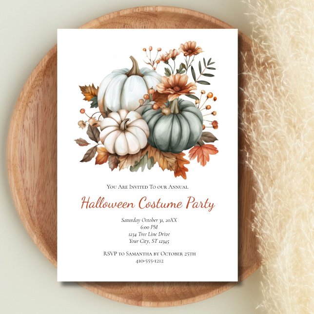 Convite Abóboras Outono Flores de Outono Festa de Hallowee (Pastel Green White Pumpkins Fall Autumn Leaves Flowers Halloween Party invitation. Printed Digital)