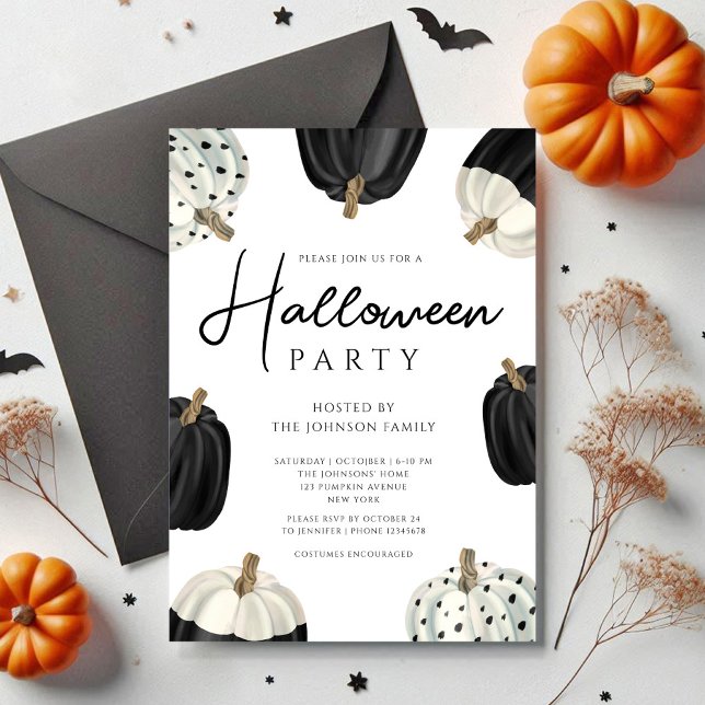 Convite Abóboras Pretas E Brancas Fofas Halloween (Cute Black And White Pumpkins Halloween Invitation)