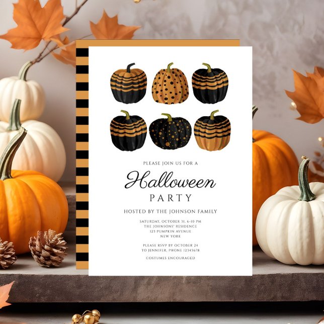 Convite Abóboras Pretas Laranjas Fofas Halloween (Cute Orange Black Pumpkins Halloween Invitation)