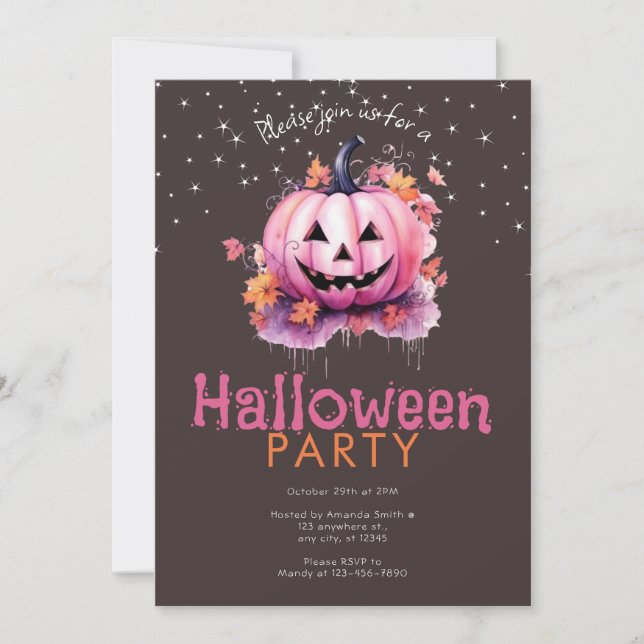 Convite Abóboras Rosa Deixam Estrelas na Festa de Hallowee (Frente)