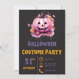 Convite Abóboras Rosa e Folhas Negras de Halloween