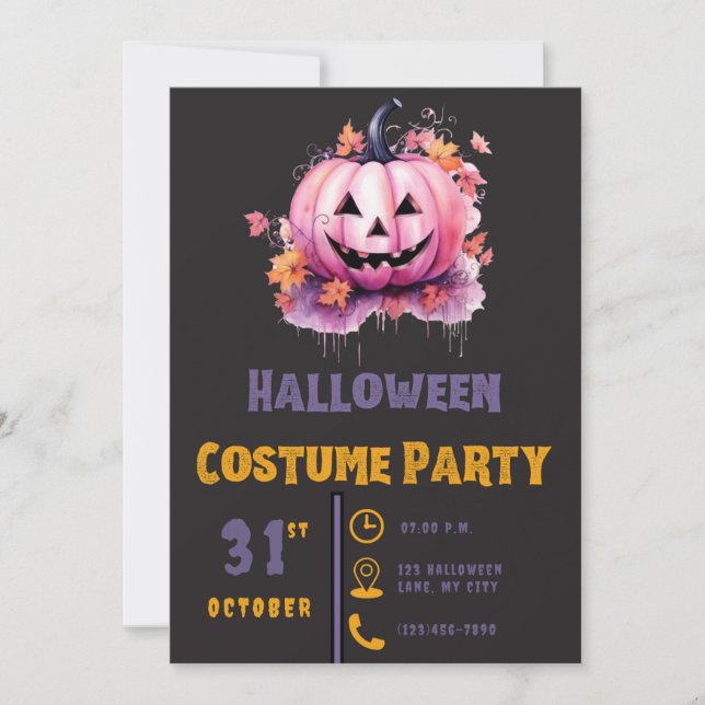 Convite Abóboras Rosa e Folhas Negras de Halloween (Frente)