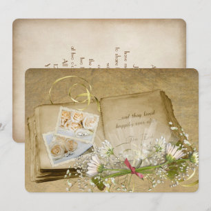 Convite abrir livros antigos de casamento com buquê