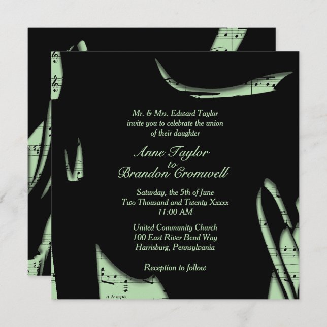 Convite Abstract Black and Green Music Wedding Invitation (Frente/Verso)