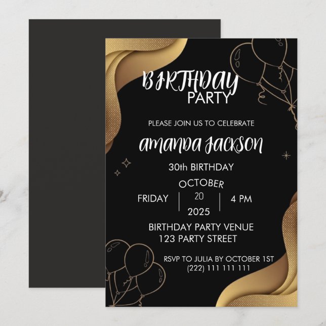 Convite Abstract Black Gold 30th Birthday Invitation (Frente/Verso)