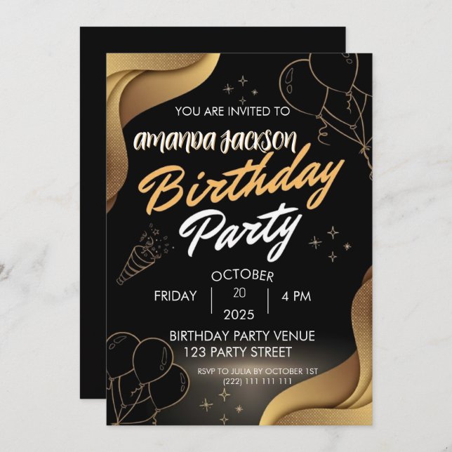Convite Abstract Black Gold Swirl Birthday Invitation (Frente/Verso)