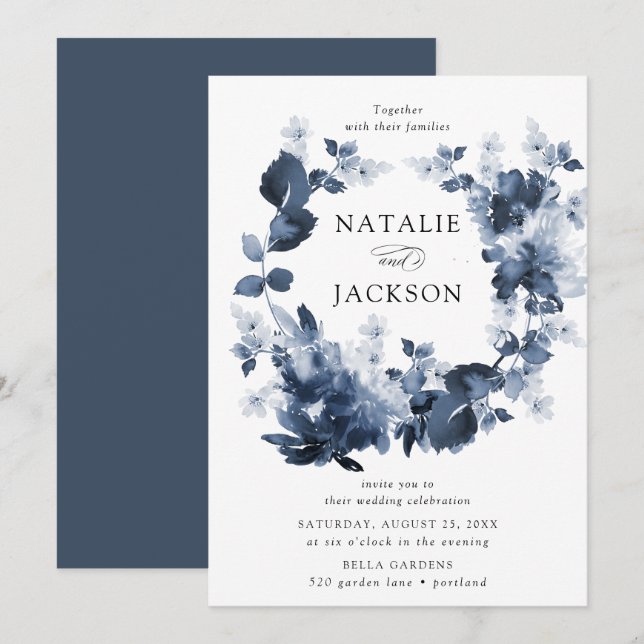 Convite Abstract Indigo Floral | Casamento (Frente/Verso)