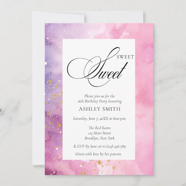 Convite Abstract Pastel Pink Purple Sweet 16 Birthday (Frente)