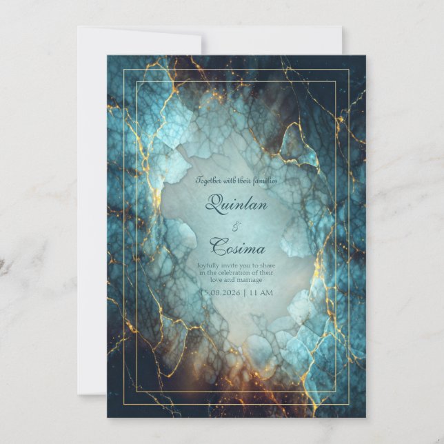Convite Abstract Teal Turquoise Gilded Geode Wedding (Frente)