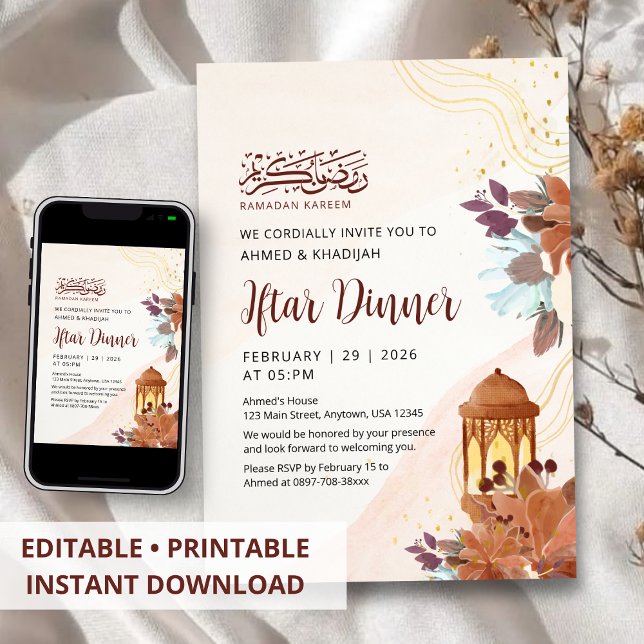 Convite Abstract Watercolor Floral Ramadan Iftar Dinner  (Criador carregado)