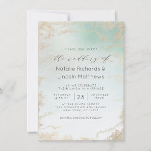 Convite Abstrato Aqua Ombre Fade com Glitter Dourado Fosco