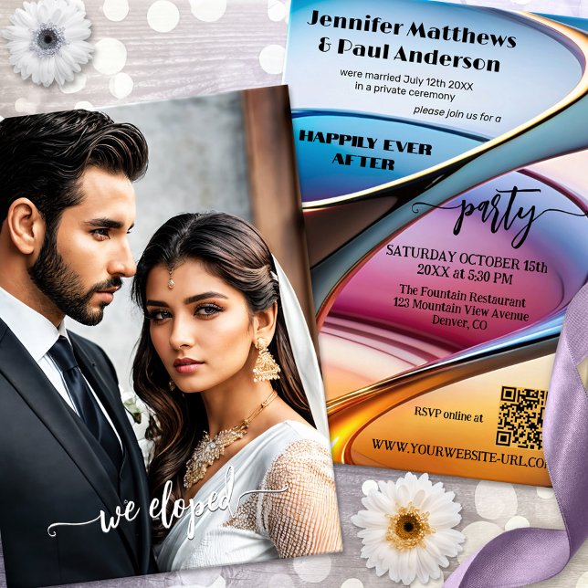 Convite Abstrato Art Feliz Depois Da Foto De Casamento (Happily ever after or elopement photo wedding invitation with a bold colored modern art abstract)