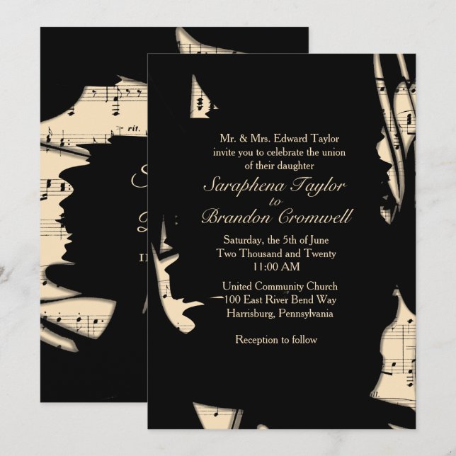 Convite abstrato Black and Peach Music Wedation (Frente/Verso)