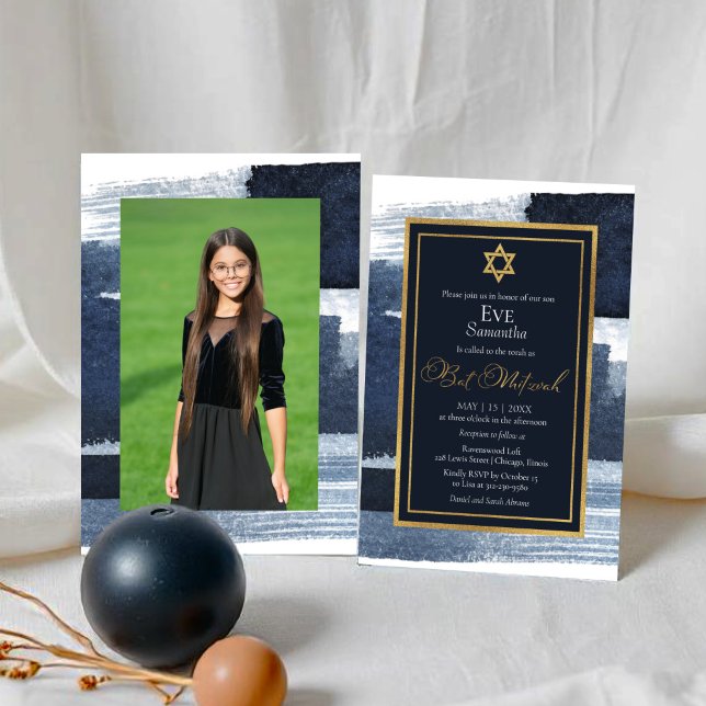 Convite Abstrato Blue Gilded Photo Bat Mitzvah (Criador carregado)