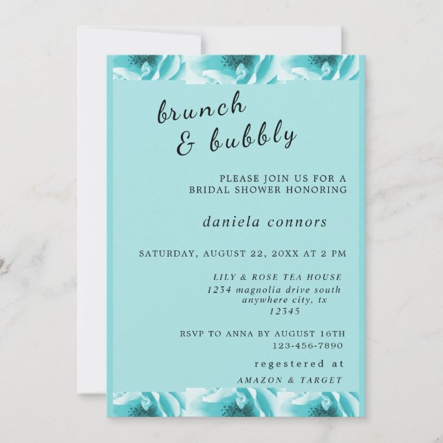 Convite Abstrato Blue & White Florals Brunch & Bubble (Frente)