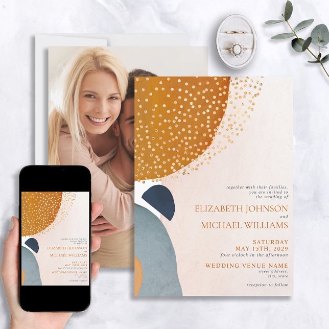 Convite Abstrato Blush Blue Terracotta Foto Casamento (Criador carregado)