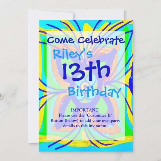 Convite Abstrato Butterfly Flower Kids Doodle Teal Limão (Frente)