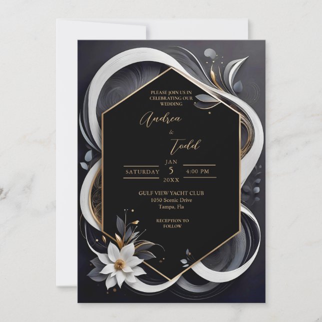 Convite Abstrato, casamento elegante, branco e ouro modern (Frente)