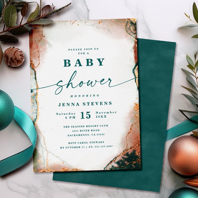 Convite Abstrato Dark Teal e Chá de fraldas de Cobre Moder (Modern teal and copper baby shower invitation with abstract design.)
