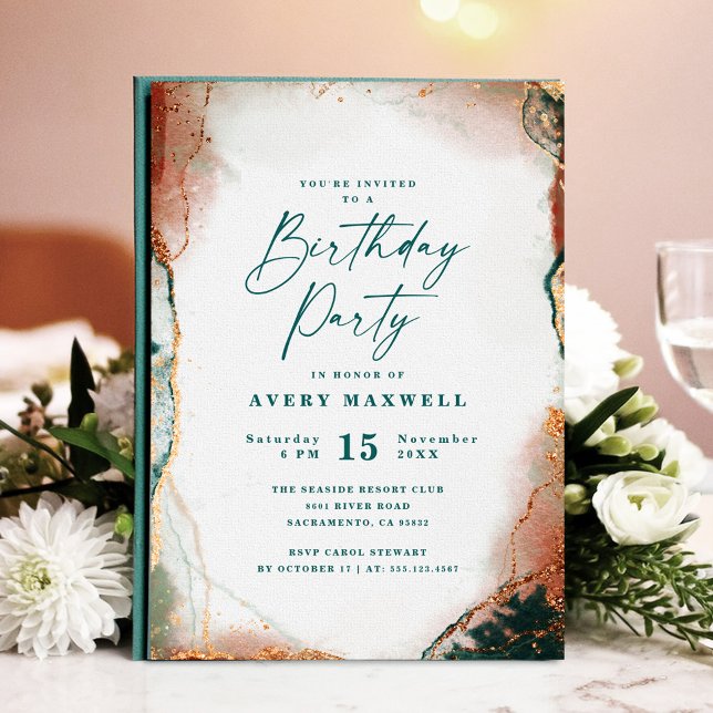 Convite Abstrato Dark Teal e Festa de aniversário de Cobre (Modern teal and copper birthday party invitation with abstract design.)