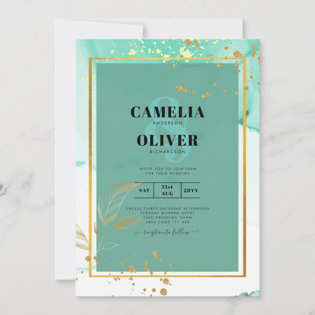 Convite Abstrato de Álcool de Mint Green Dourado WEDDING (Frente)