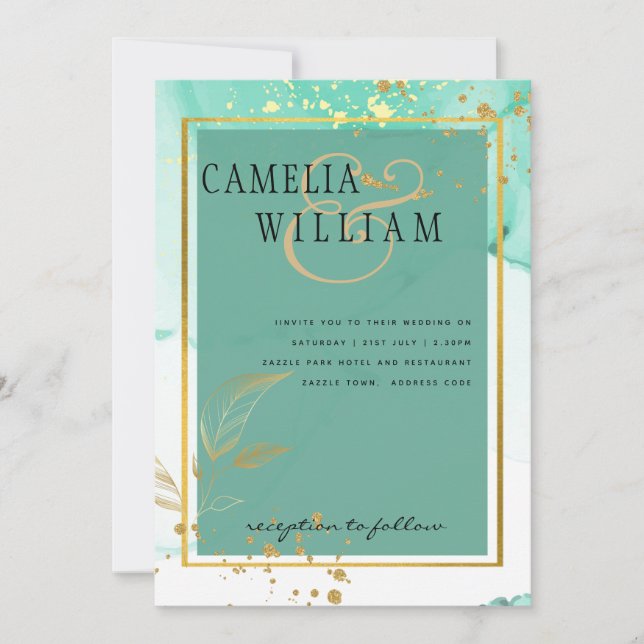 Convite Abstrato de Álcool de Mint Green Dourado WEDDING (Frente)