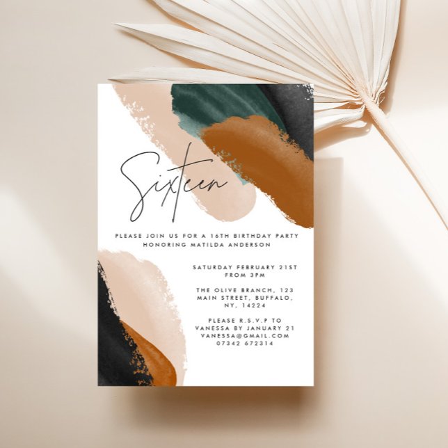 Convite Abstrato de aquarela verde terracotta 16º Aniversá (Criador carregado)